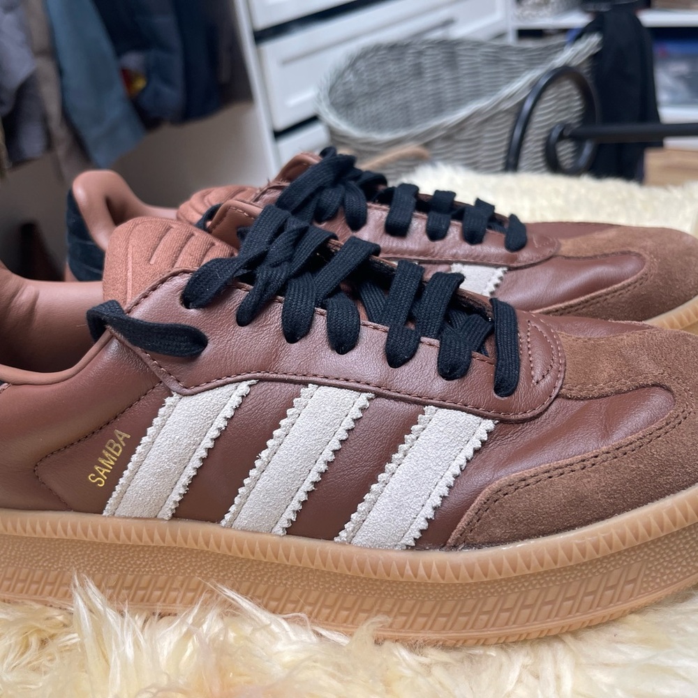 Adidas Brown and White Sneakers with Signature Stripes